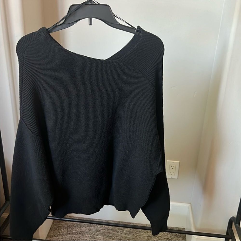 New Free People Black Crewneck Ottoman Check Sweater Slouchy Ribbed XS